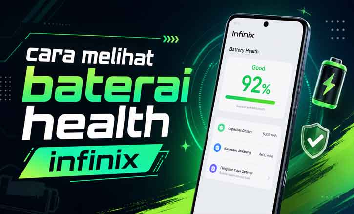 Ilustrasi modern smartphone Infinix dengan tampilan battery health dan teks “cara melihat baterai health infinix” berwarna hijau neon pada background teknologi futuristik.