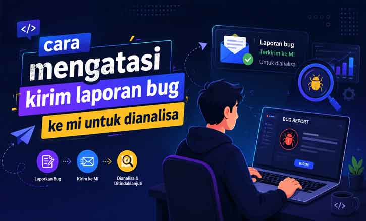 Cara mengatasi kirim laporan bug ke MI untuk dianalisa pada HP Xiaomi dengan ilustrasi modern pengguna laptop dan sistem bug report