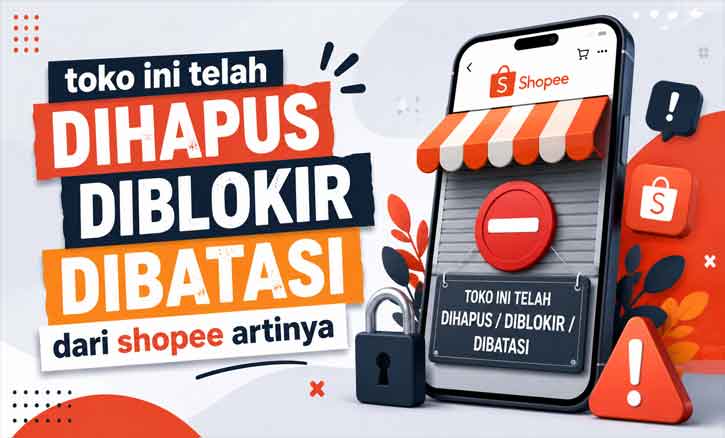 Tampilan ilustrasi tentang toko Shopee yang dihapus, diblokir, atau dibatasi dengan ikon peringatan dan smartphone marketplace.
